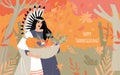 Thanksgiving card with young native american woman holding basket of vegetables and fruits and autumn forest