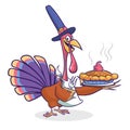 Thanksgiving Cartoon Turkey bird holding fork and pie isolated. Vector illustration of funny turkey character wearing pilgrim hat. Royalty Free Stock Photo