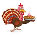 Thanksgiving Cartoon Turkey bird holding fork and pie. Vector illustration of funny turkey character clipart. Royalty Free Stock Photo