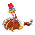 Thanksgiving Cartoon Turkey bird with a pie and wine. Vector illustration of funny turkey character clipart. Royalty Free Stock Photo