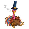 Thanksgiving cartoon turkey character sleeping. Isolated vector illustration clipart.