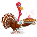 Thanksgiving Cartoon Turkey holding fork and pie isolated. Royalty Free Stock Photo
