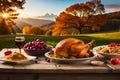 thanksgiving celebration traditional dinner meal setting, festive food and symbols on beautiful autumn background Royalty Free Stock Photo