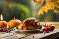 thanksgiving celebration traditional dinner meal setting, festive food and symbols on beautiful autumn background Royalty Free Stock Photo