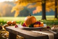 thanksgiving celebration traditional dinner meal setting, festive food and symbols on beautiful autumn background Royalty Free Stock Photo