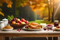 thanksgiving celebration traditional dinner meal setting, festive food and symbols on beautiful autumn background Royalty Free Stock Photo