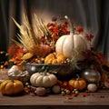 a thanksgiving centerpiece with pumpkins and other decorations Royalty Free Stock Photo