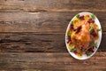 Thanksgiving chicken on wooden table gala dinner, top view