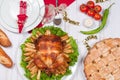 Homemade roasted whole turkey on wooden table for Thanksgiving. Royalty Free Stock Photo