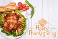 Thanksgiving or Christmas. Homemade roasted whole turkey on wooden table. Thanksgiving Celebration Traditional Dinner Setting Royalty Free Stock Photo