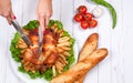 Thanksgiving or Christmas. Homemade roasted whole turkey on wooden table. Thanksgiving Celebration Traditional Dinner Setting Royalty Free Stock Photo