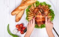 Thanksgiving or Christmas. Homemade roasted whole turkey on wooden table. Thanksgiving Celebration Traditional Dinner Setting Royalty Free Stock Photo