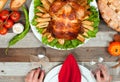 Thanksgiving or Christmas. Homemade roasted whole turkey on wooden table. Thanksgiving Celebration Traditional Dinner Setting Royalty Free Stock Photo