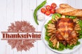 Thanksgiving or Christmas. Homemade roasted whole turkey on wooden table. Thanksgiving Celebration Traditional Dinner Setting Royalty Free Stock Photo