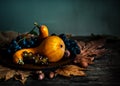 Thanksgiving composition with autumn fruit in wooden plate with maple leaves. Pumpkin and grapes vintage still life scene.