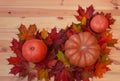 Thanksgiving composition: pumpkins and autumn maple leaves on wooden background