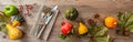 Thanksgiving flat lay with colorful pumpkins and place setting on rustic wooden table, banner, top view Royalty Free Stock Photo