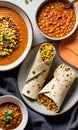 Thanksgiving Corn And Turkey Wraps Adjacent To A Bowl Of Pumpkin And Lentil Ste. Generative AI Royalty Free Stock Photo