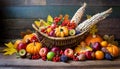 Thanksgiving cornucopia filled with autumn fruits and vegetables