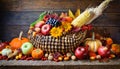 Thanksgiving cornucopia filled with autumn fruits and vegetables Royalty Free Stock Photo