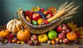 Thanksgiving cornucopia filled with autumn fruits and vegetables