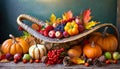 Thanksgiving cornucopia filled with autumn fruits and vegetables