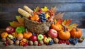 Thanksgiving cornucopia filled with autumn fruits and vegetables