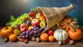 Thanksgiving cornucopia filled with autumn fruits and vegetables