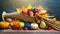 Thanksgiving cornucopia filled with autumn fruits and vegetables