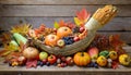 Thanksgiving cornucopia filled with autumn fruits and vegetables