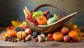 Thanksgiving cornucopia filled with autumn fruits and vegetables