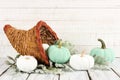 Thanksgiving cornucopia with white and teal pumpkins against white wood