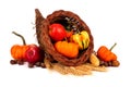 Thanksgiving cornucopia with pumpkins, apples and gourds isolated on white