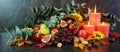 Thanksgiving cornucopia table setting centerpiece close up. Royalty Free Stock Photo