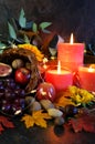 Thanksgiving cornucopia table setting centerpiece close up. Royalty Free Stock Photo