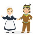 Native American Boy and Pilgrim Girl Cartoon Vector Royalty Free Stock Photo