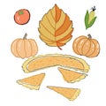 Thanksgiving Day. Autumn dry leaves, corn, tomatoes, bright pumpkins, pumpkin pie. According to the old tradition
