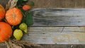 Autumn harvest, pumpkins and pears on wooden background. Thanksgiving day banner, copy space,. Royalty Free Stock Photo
