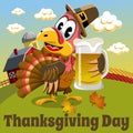 Thanksgiving day background pilgrim turkey holding beer mug