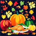 Thanksgiving day background with roasted turkey, pumpkins and autumn leaves AI Generated