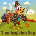 Thanksgiving day background square pilgrim turkey eat fork and knife in the countryside