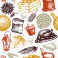 Thanksgiving Day background. Vector seamless pattern with hand drawn traditional food illustrations. Family dinner elements. Vinta