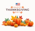 Thanksgiving day banner. Beautiful background with realistic 3d orange pumpkins, USA flag, autumn leaves Royalty Free Stock Photo