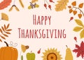Thanksgiving Day Banner desing decorated by frame or border of delicious vegetables, fresh fruits, berries, flowers. Royalty Free Stock Photo