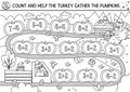 Thanksgiving Day black and white counting dice board game for children with cute turkey driving a car with pumpkins. Autumn line