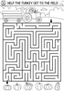 Thanksgiving Day black and white maze for children. Autumn holiday line printable activity. Fall outline labyrinth game or puzzle