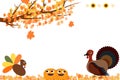 Thanksgiving day Border with autumn leaves and Turkey hen, corn, Pumpkin.copyspace. Royalty Free Stock Photo