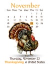 Thanksgiving Day calendar background Vector. Turkey bird watercolor detailed illustrations Royalty Free Stock Photo