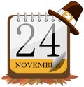 Thanksgiving Day calendar pilgrim hat on top isolated