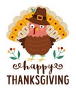 Thanksgiving Day card or banner with cute turkey in pilgrim hat and berries. Vector autumn illustration with traditional bird and Royalty Free Stock Photo